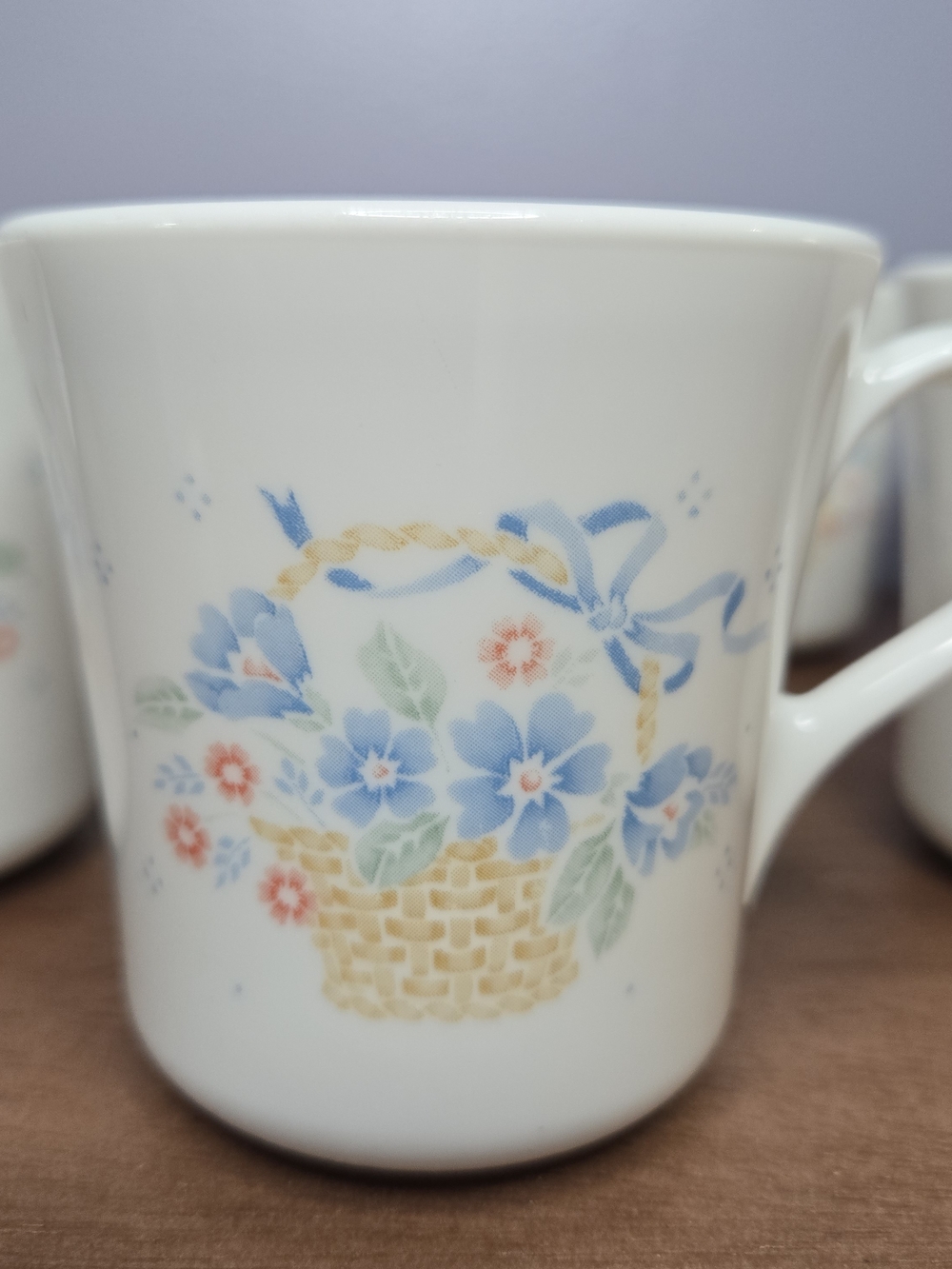White Floral Basket Ceramic Coffee Mug - Blue & Pink Flowers